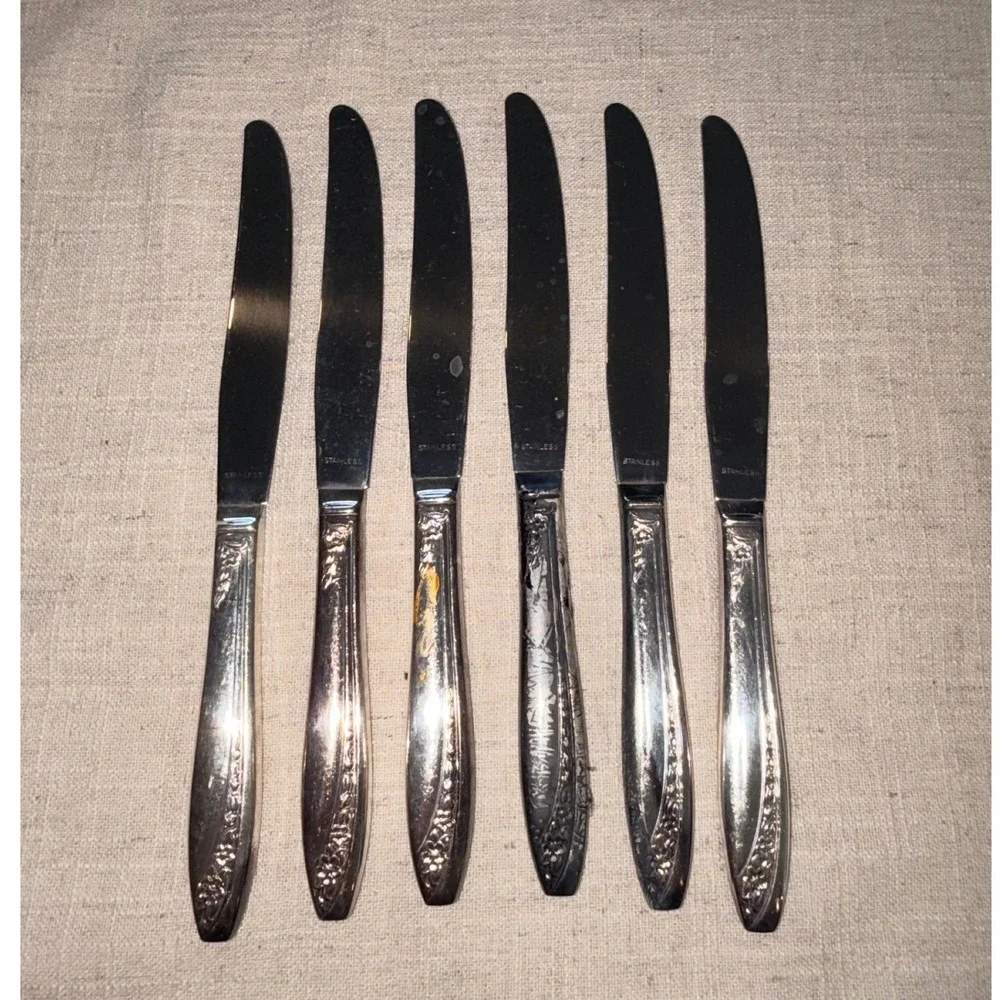 Oneida Damask Rose Silverplate Dinner Knives Stainless Blades Set of 6 Vintage